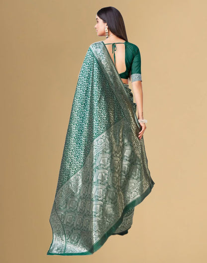 B1G1 Dark Green Jacquard Banarasi Silk Saree