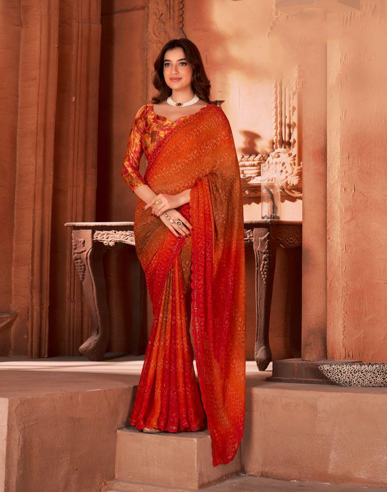 Red Printed Georgette Saree