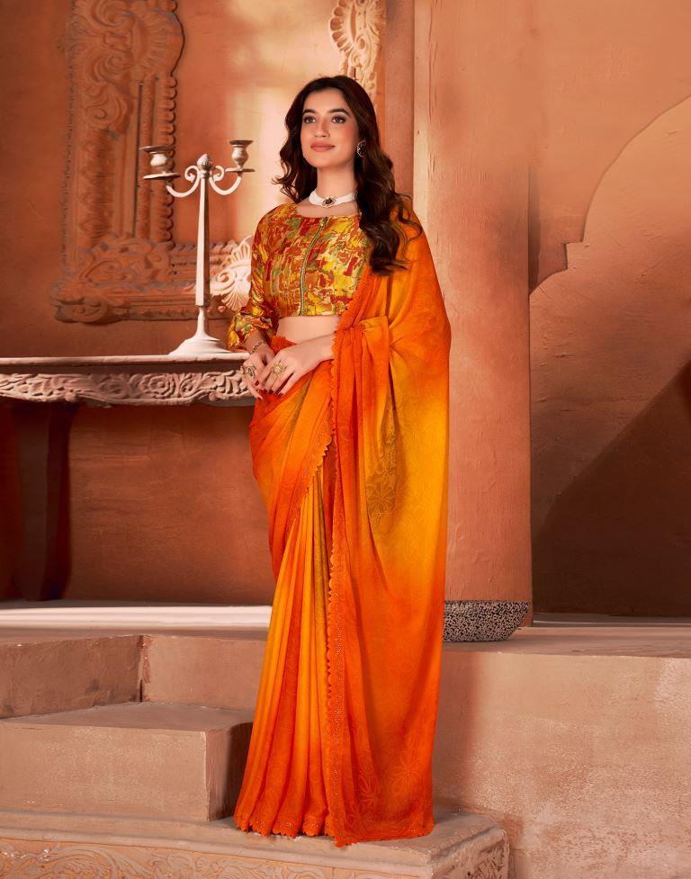 Orange Printed Georgette Saree