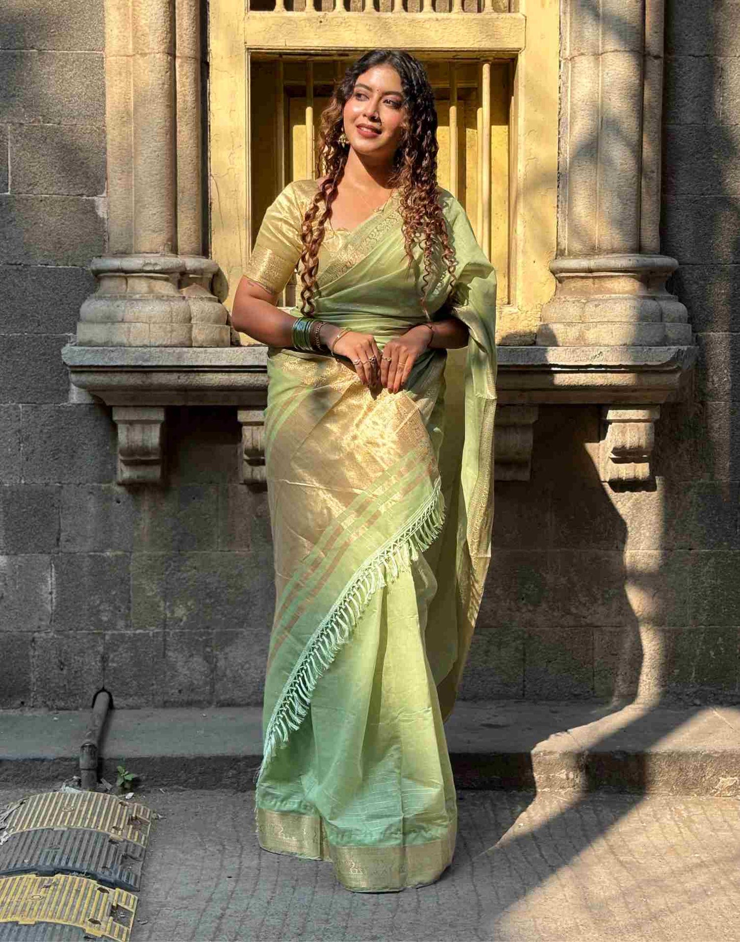 Light Green Cotton Woven Saree