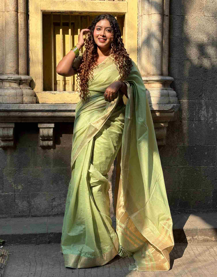 Light Green Cotton Woven Zari Stripe Saree
