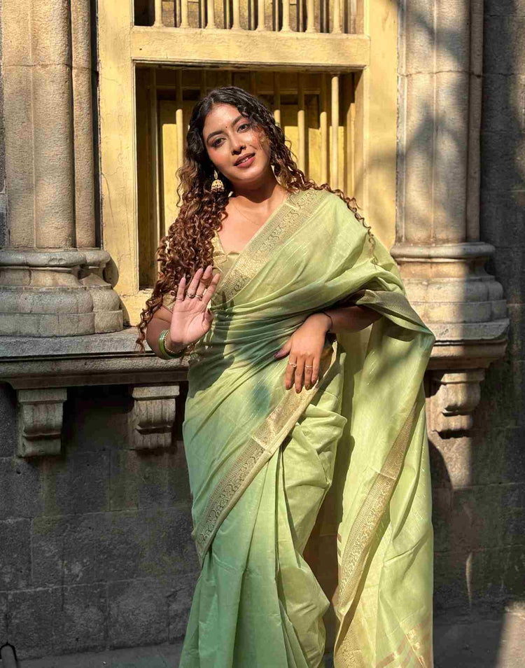 Light Green Cotton Woven Zari Stripe Saree