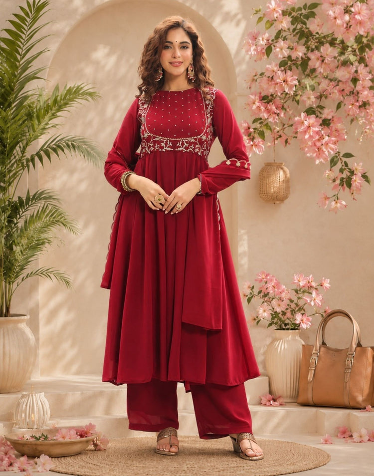 Maroon Georgette Embroidery Anarkali Kurta Set With Dupatta