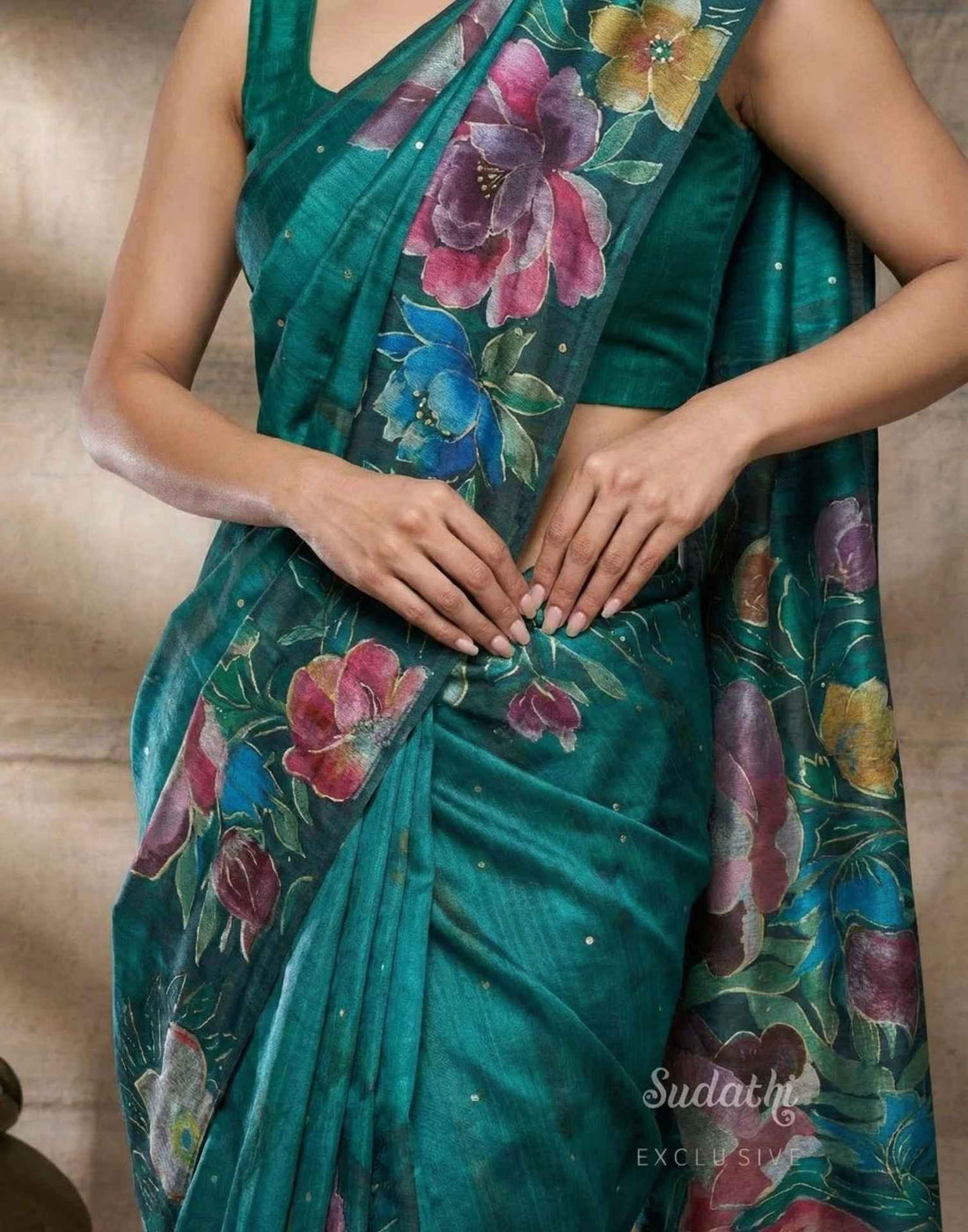 Mouni Roy Green Floral Blossom Ready To Wear Foil Saree