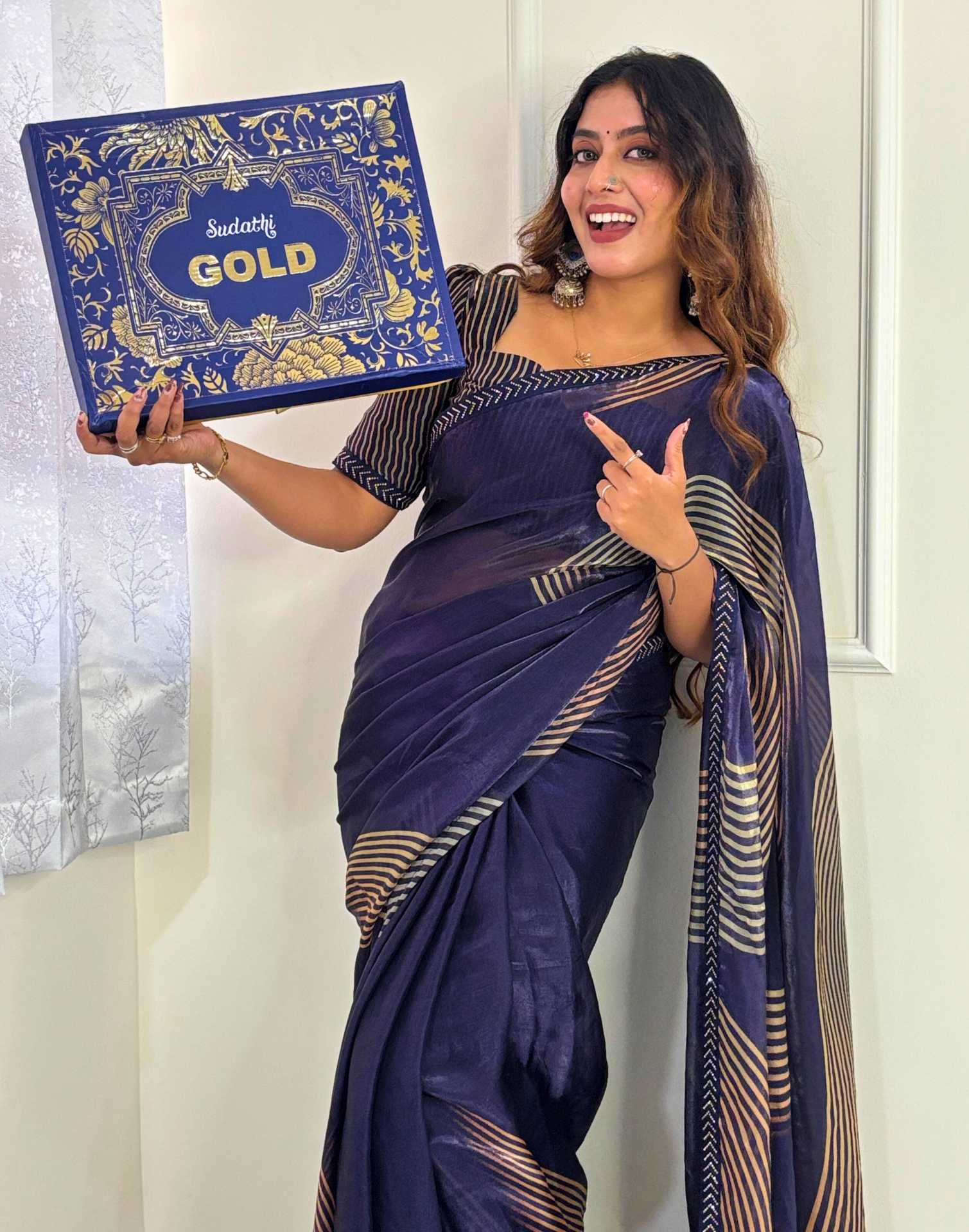 Mouni Roy Midnight Blue Gold Swarovski Saree