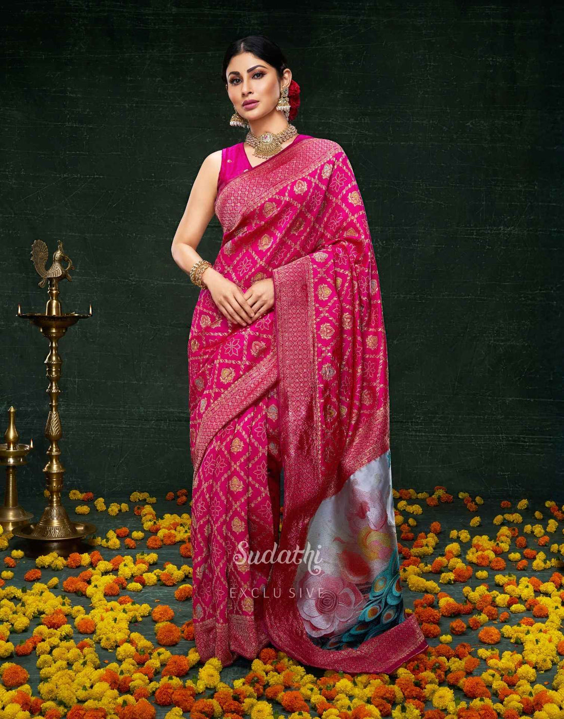 Mouni Roy Rani Pink Peacock Zari Saree