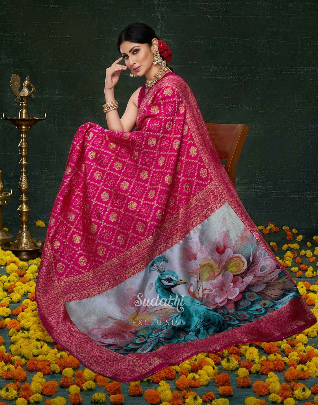 Mouni Roy Rani Pink Peacock Zari Saree
