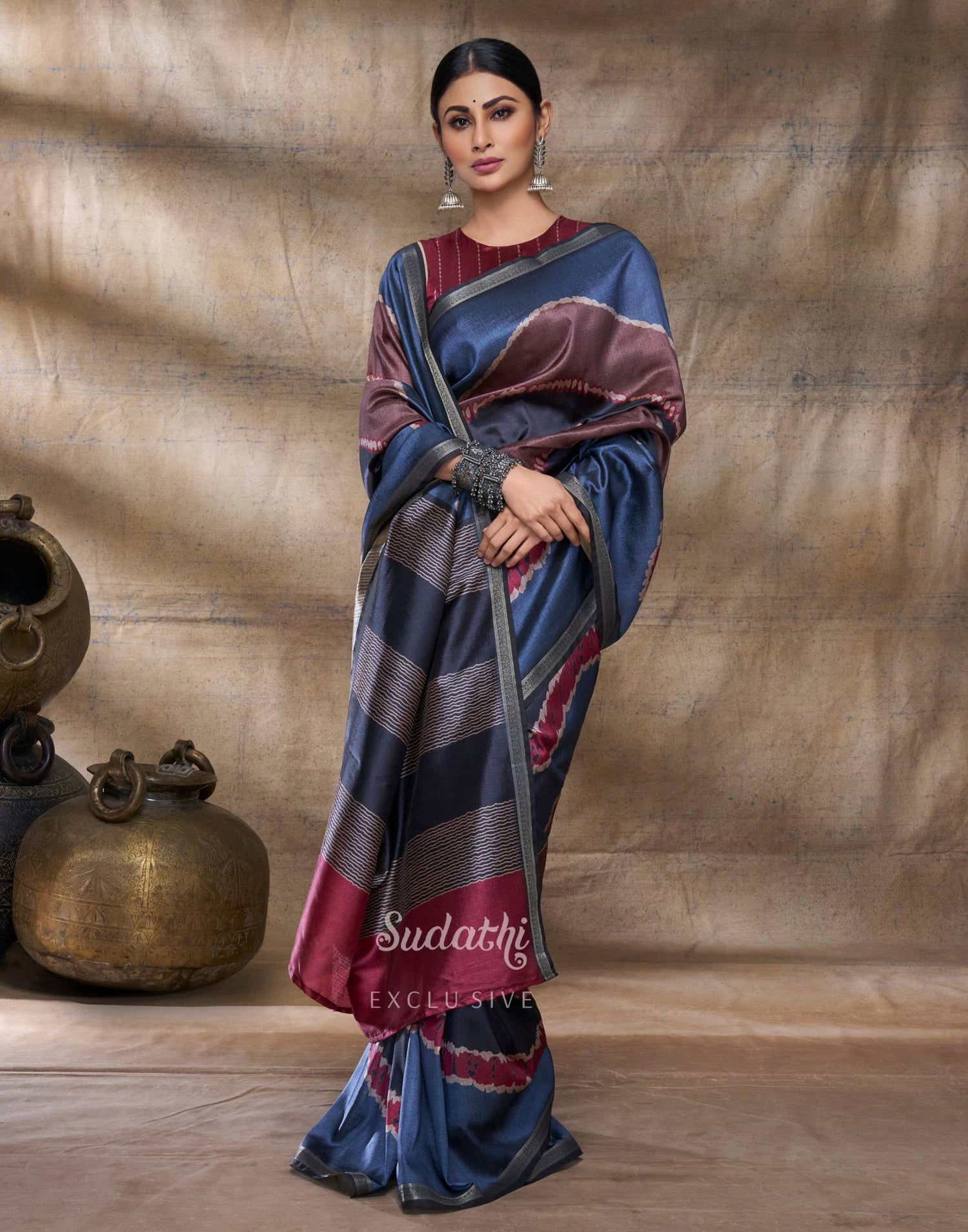 Mouni Roy Rusty Grey Terracotta Silk Saree from Sudathi