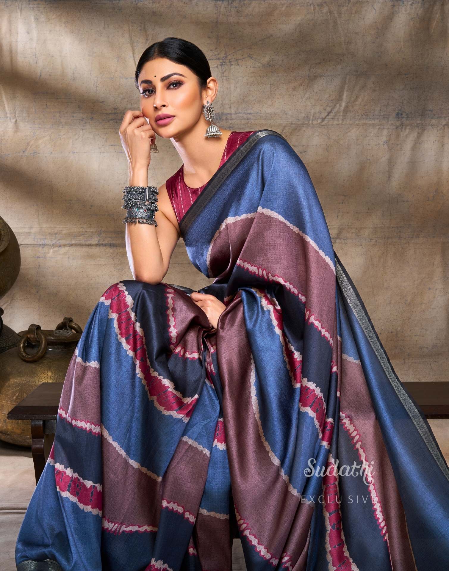 Mouni Roy Rusty Grey Terracotta Silk Saree