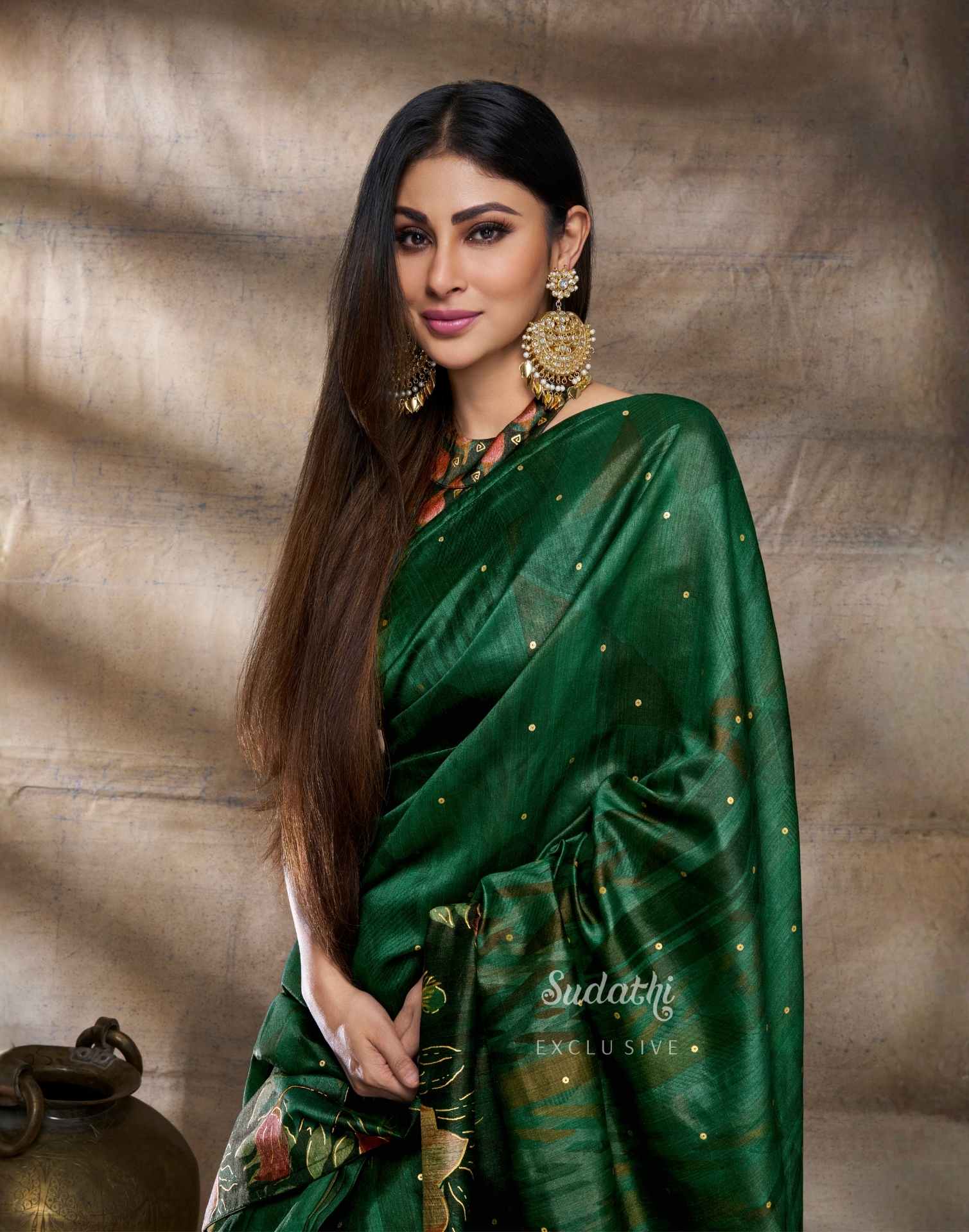 Mouni Roy Green Floral Blossom Ready To Wear Foil Saree