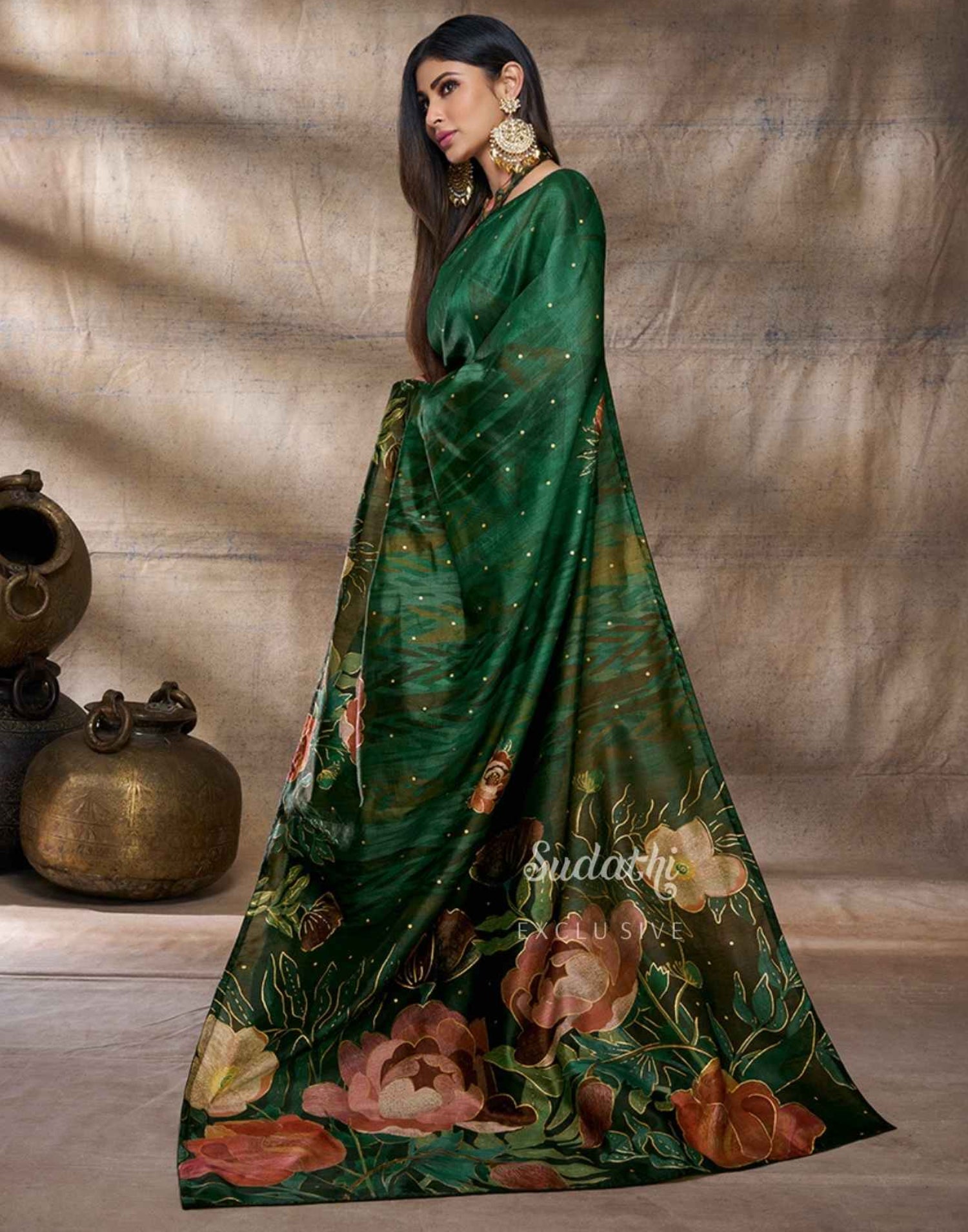 Mouni Roy Green Floral Blossom Ready To Wear Foil Saree