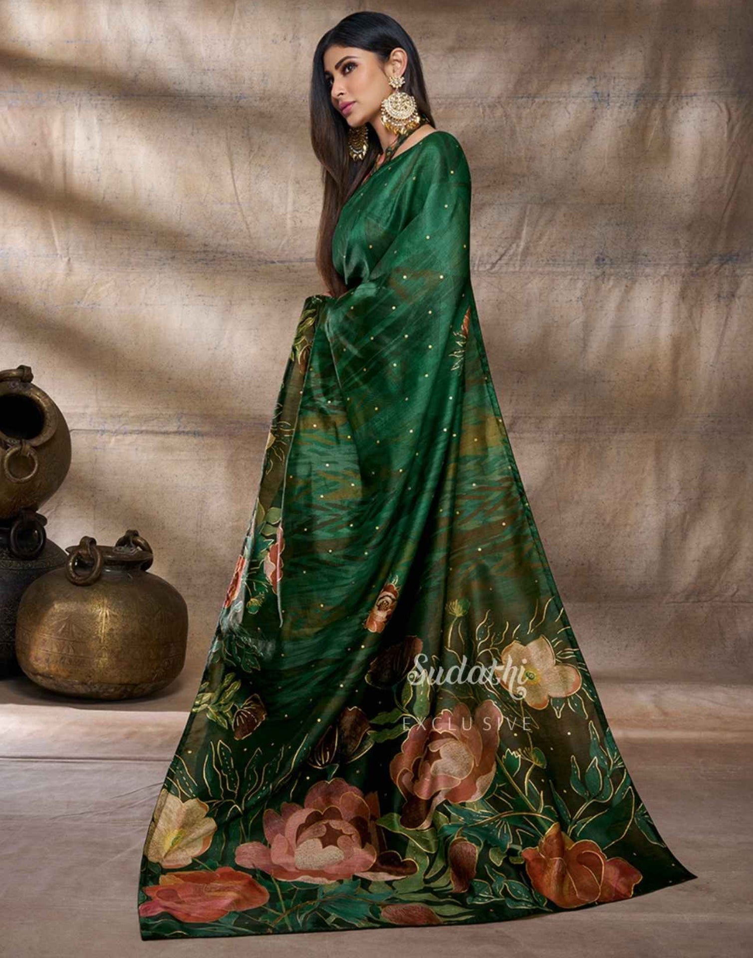Mouni Roy Green Floral Blossom Ready To Wear Foil Saree