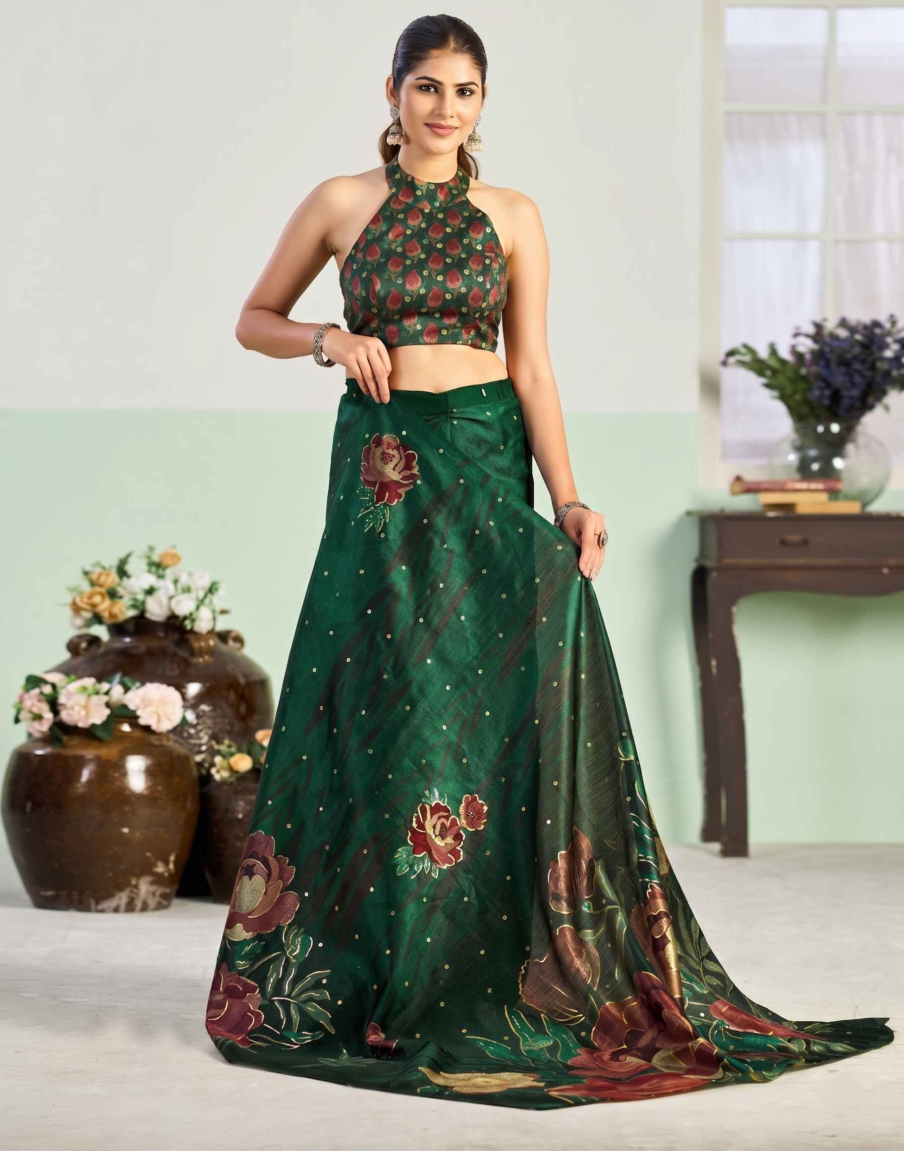Mouni Roy Green Floral Blossom Ready To Wear Foil Saree