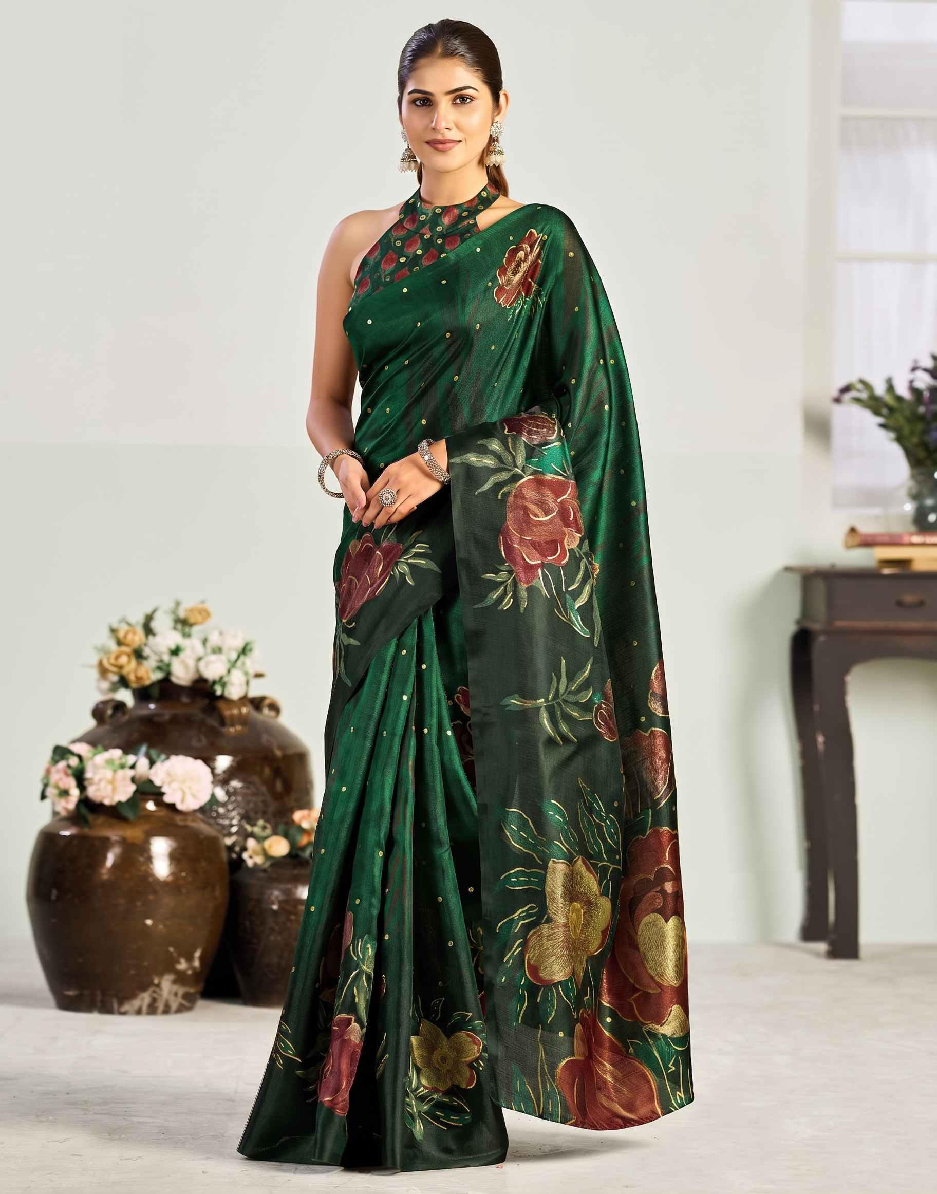 Mouni Roy Green Floral Blossom Ready To Wear Foil Saree