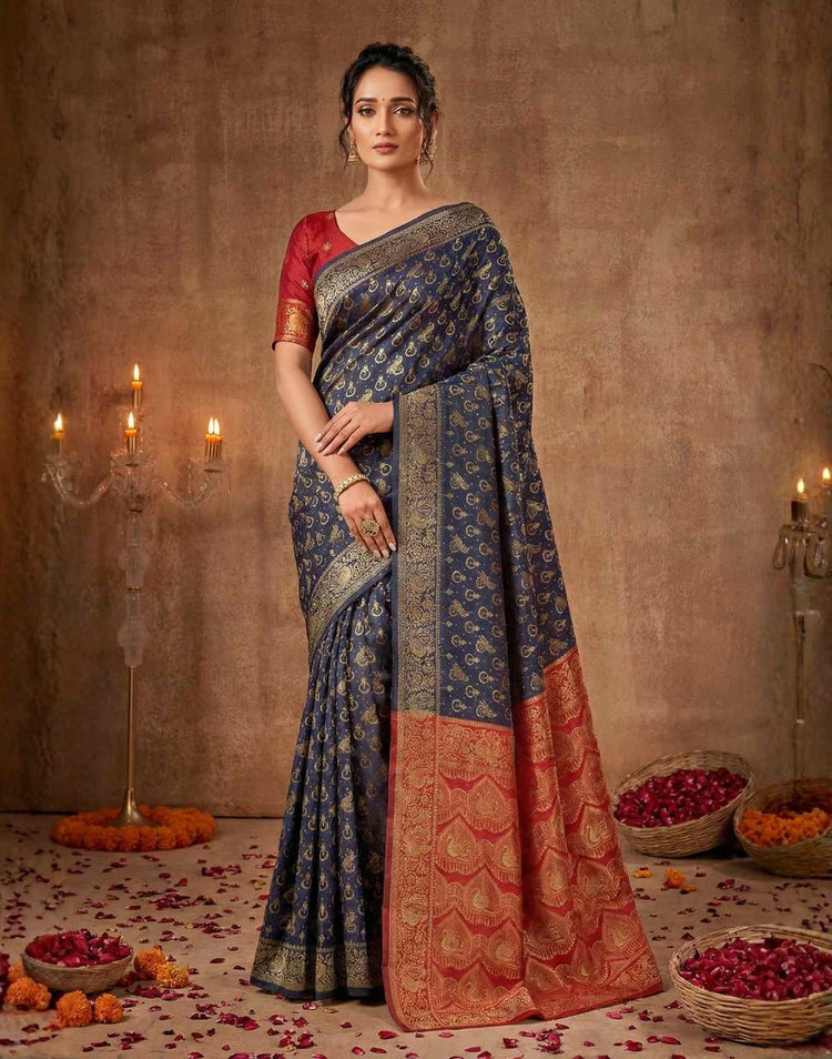 Navy Blue Shimmer Silk Woven Banarasi Saree
