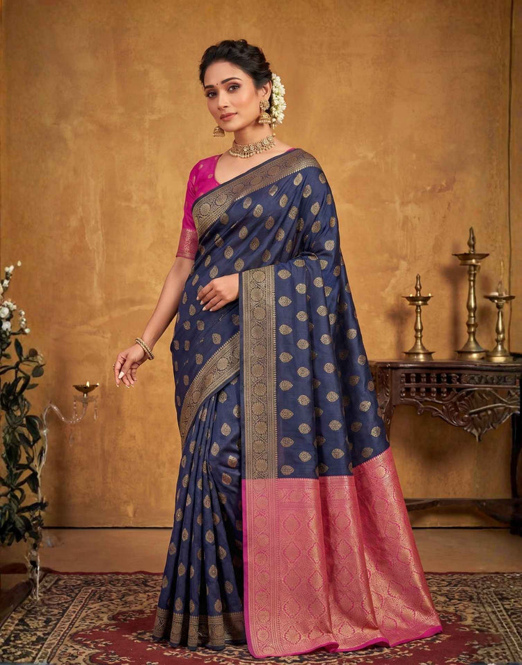 Navy Blue Shimmer Silk Woven Banarasi Saree