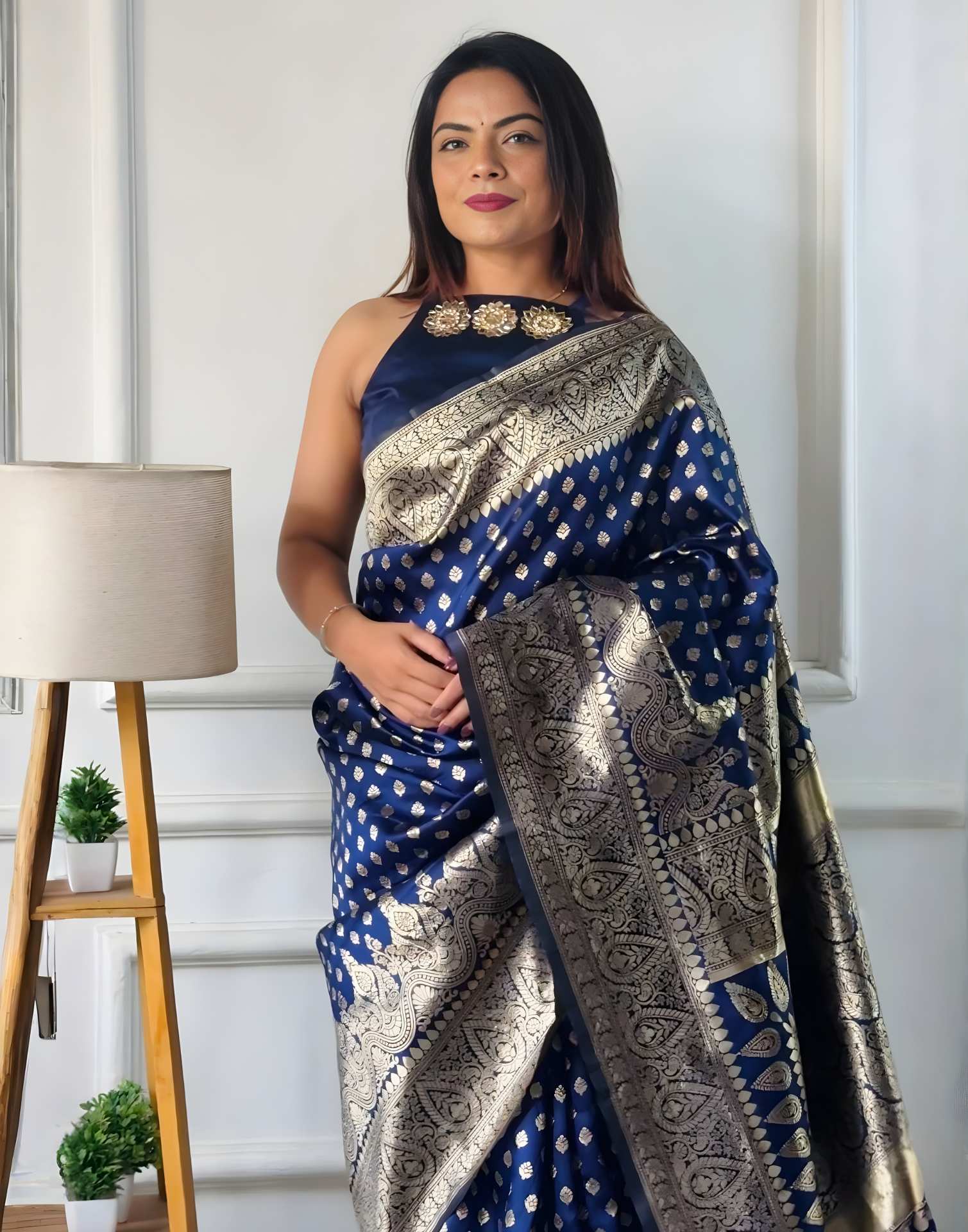 Navy Blue Silk Woven Banarasi Saree