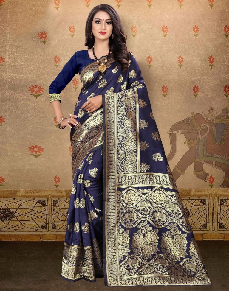 Navy Blue Jacquard Banarasi Silk Saree