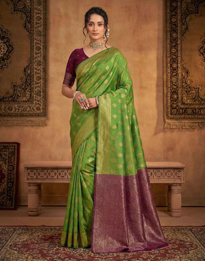 Parrot Green Shimmer Silk Woven Banarasi Saree