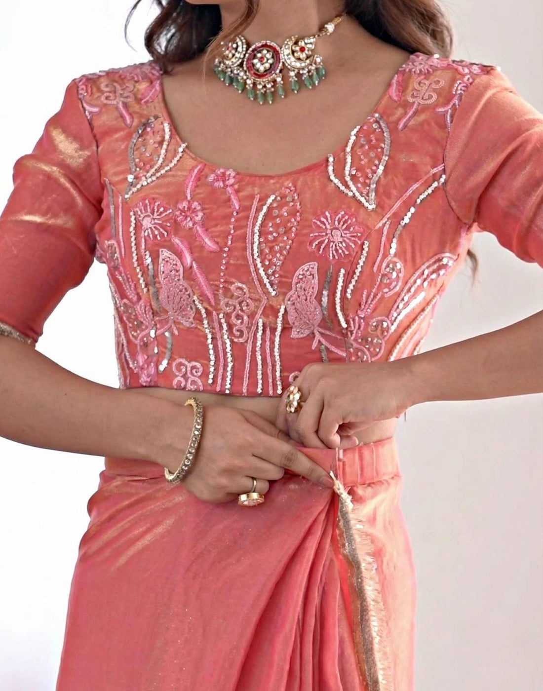 Ready To Wear Coral Pink Shimmer Gota Lace Saree