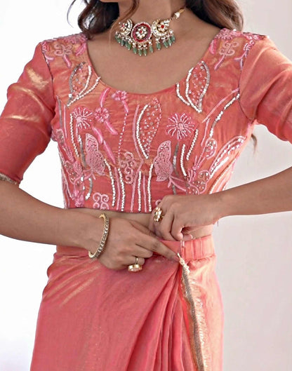 Ready To Wear Coral Pink Shimmer Gota Lace Saree