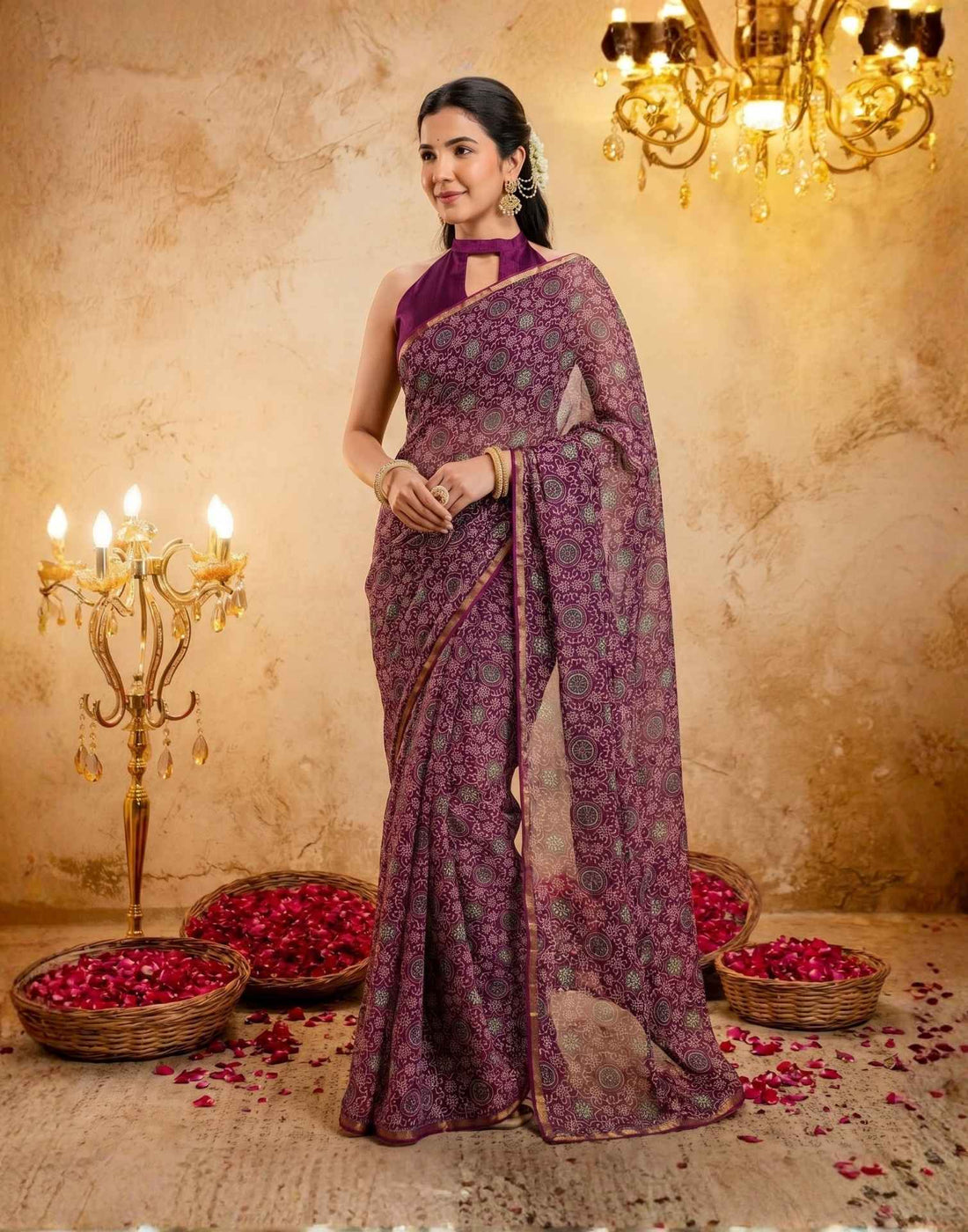 Purple Chiffon Printed Saree