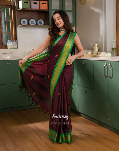 Shiny Doshi Wine Silk Woven Kanjivaram Saree