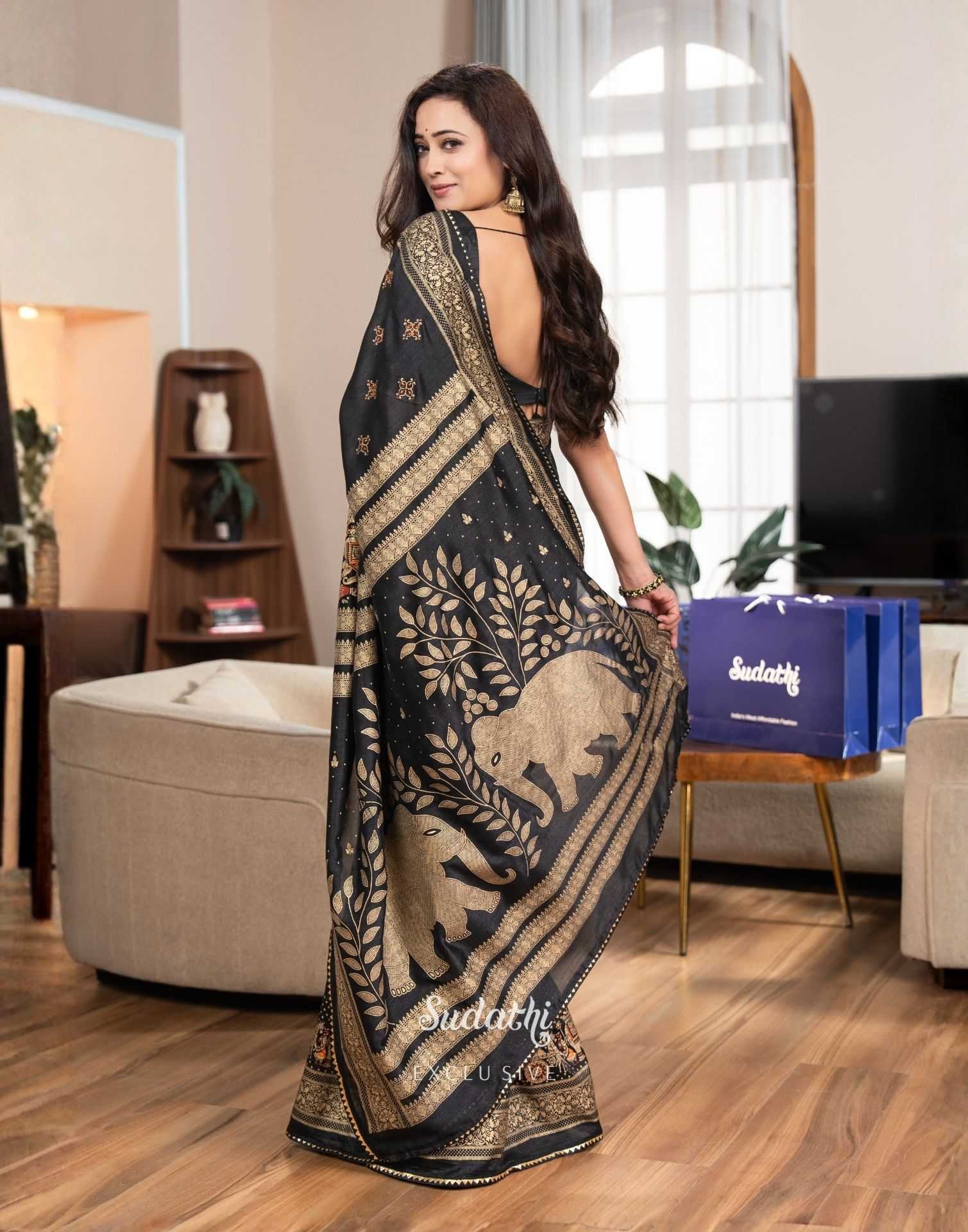 Shweta Tiwari Midnight Black Foil Silk Saree Sudathi