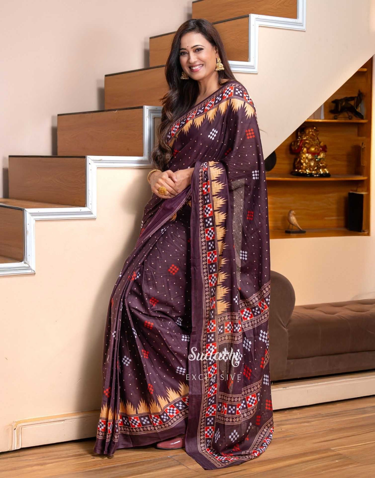 Shweta Tiwari Plum Wine Ready To Wear Cotton Saree Sudathi