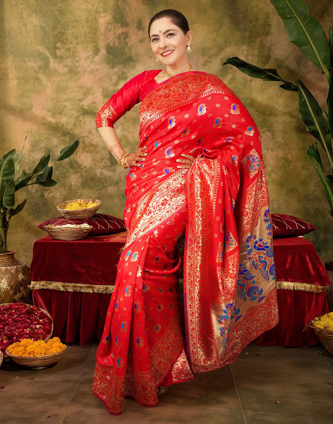 Sonalee Kulkarni Red Paithani Silk Saree with Peacock Pallu
