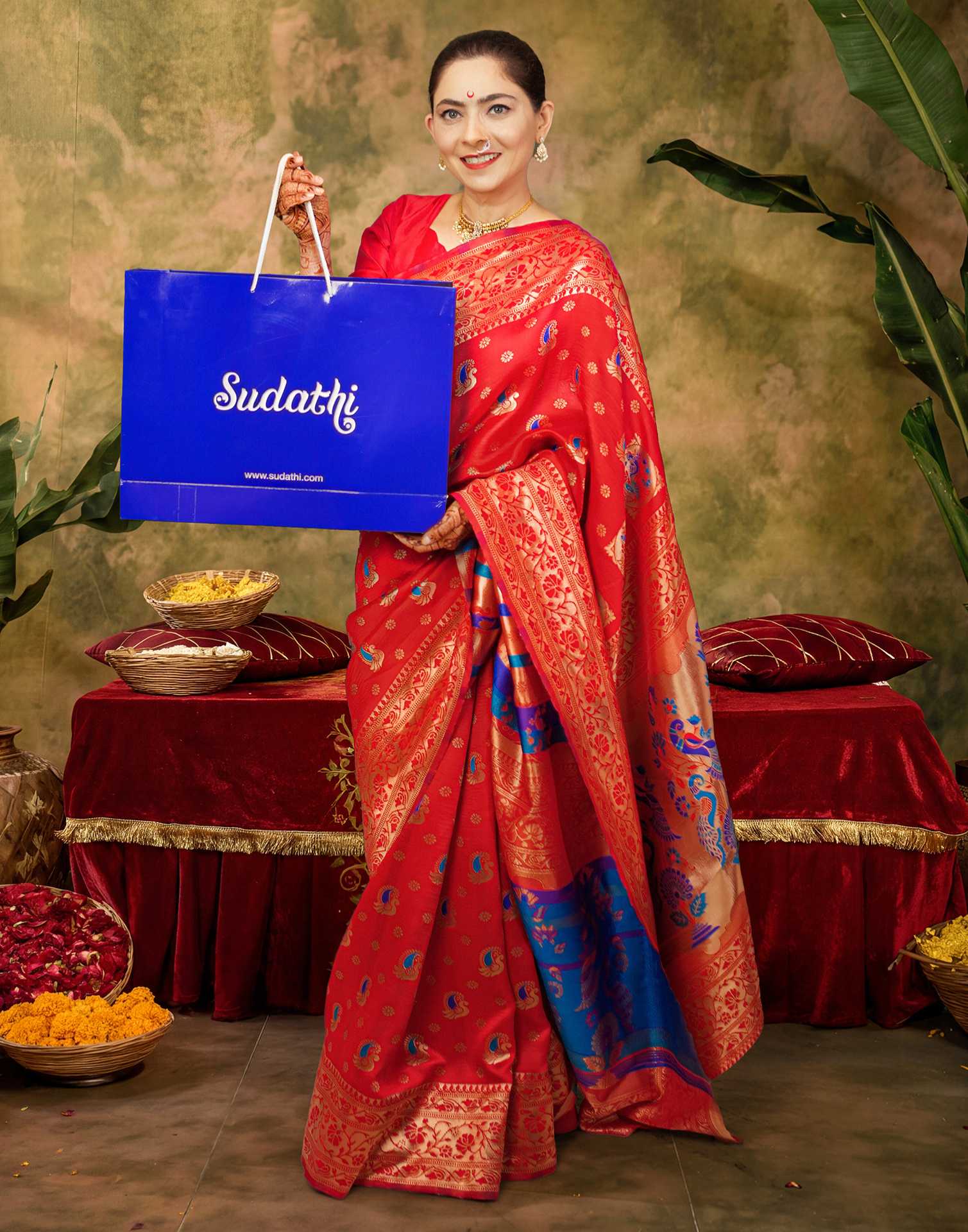 Sonalee Kulkarni Red Paithani Silk Saree with Peacock Pallu