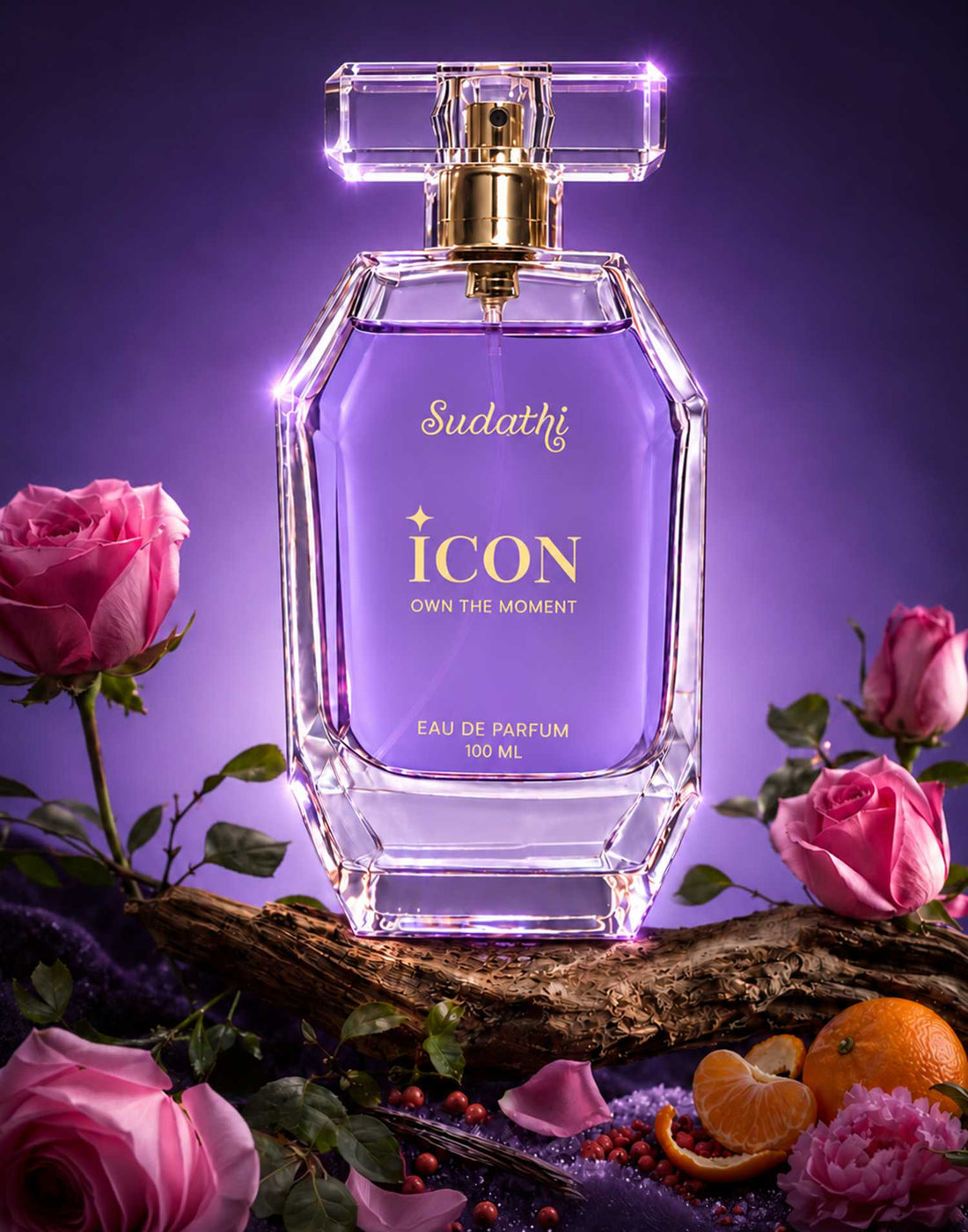 A clear glass perfume bottle filled with lavender-purple liquid, labeled &