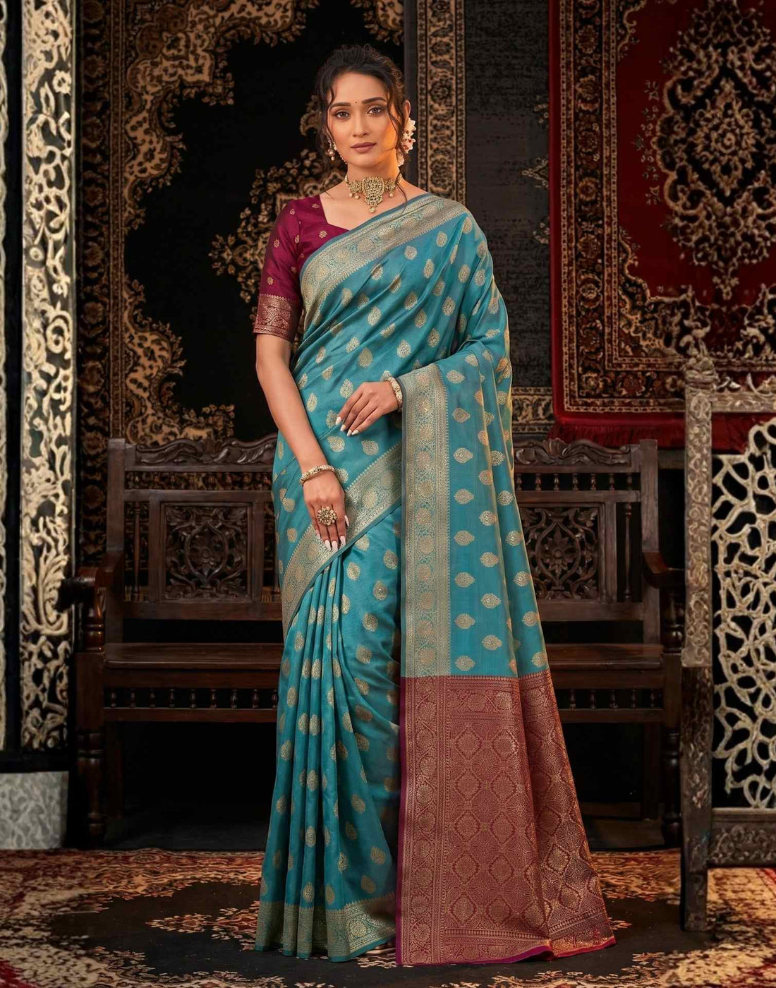 Teal Blue Shimmer Silk Woven Banarasi Saree