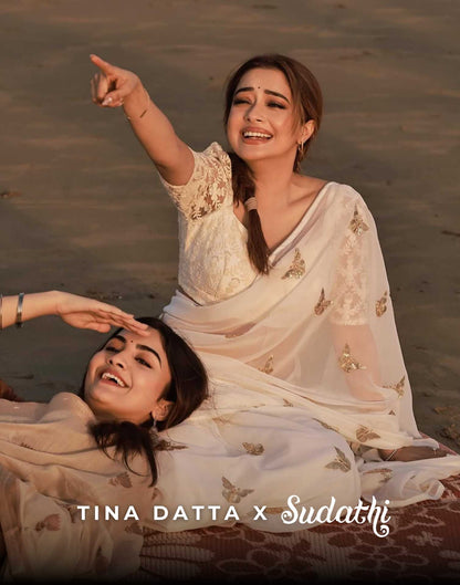 Tina Datta White Sequence Embroidery Saree