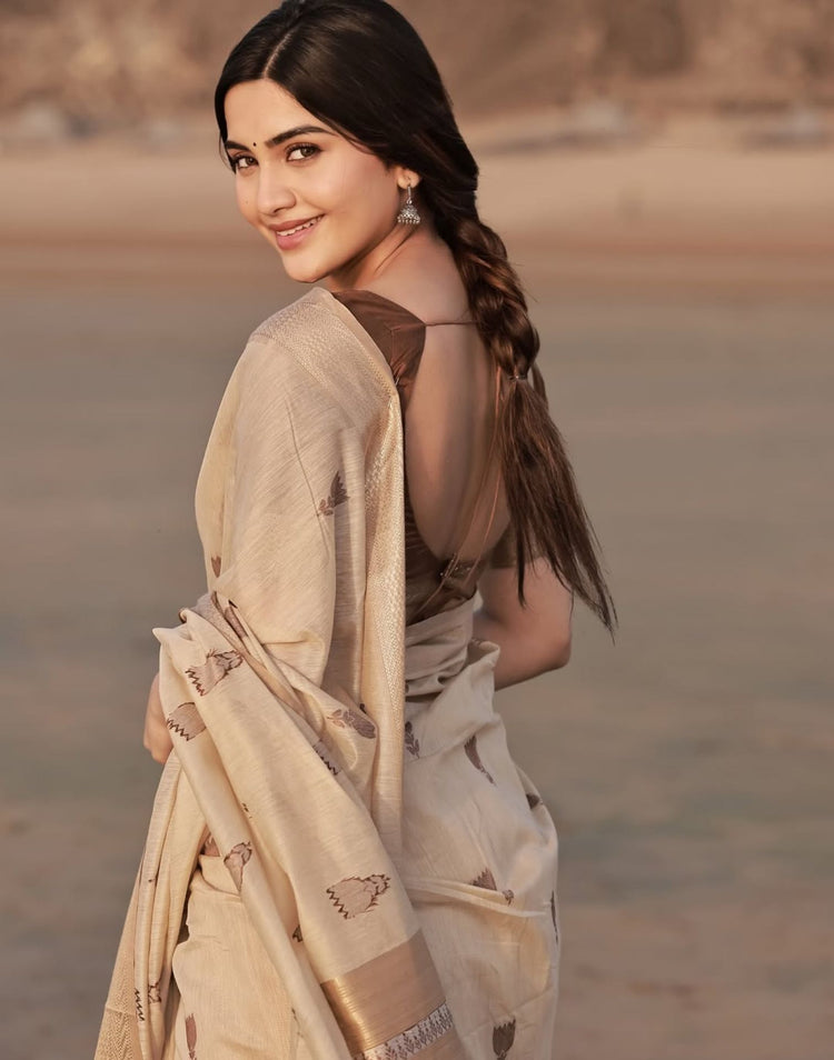 Tina Datta Beige Cotton Woven Zari Saree