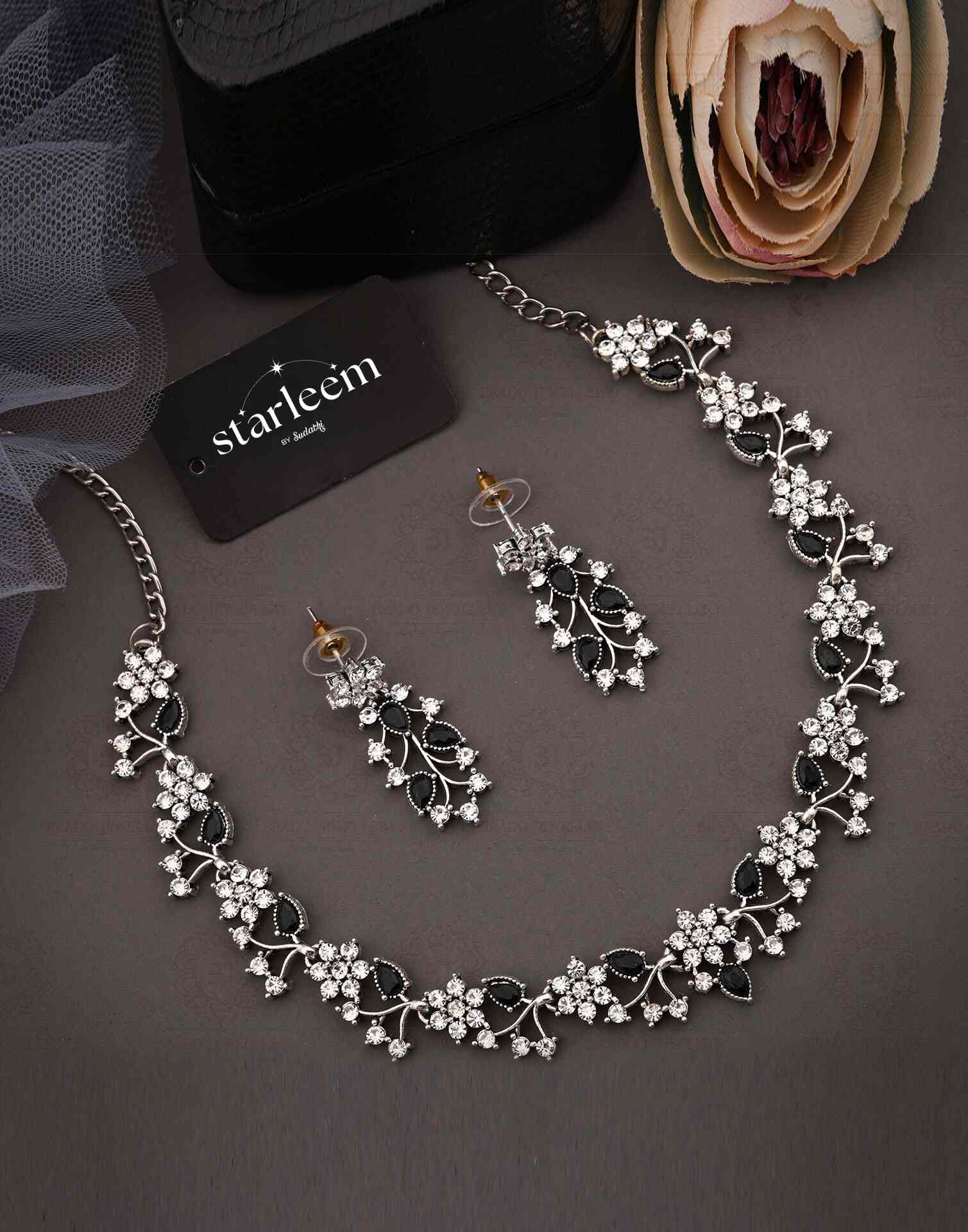 Black Silver Choker Necklace Set With Dangle Earring