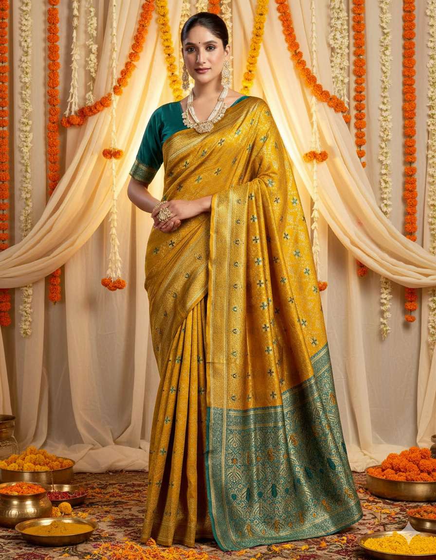 Woman in a yellow and green saree standing in front of decorative drapes with flowers from Sudathi