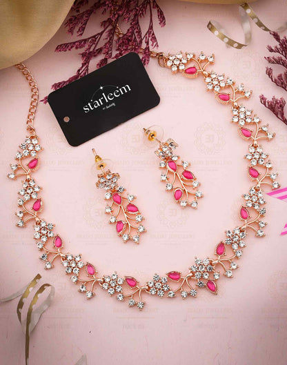 Pink Gold Choker Necklace Set With Dangle Earring