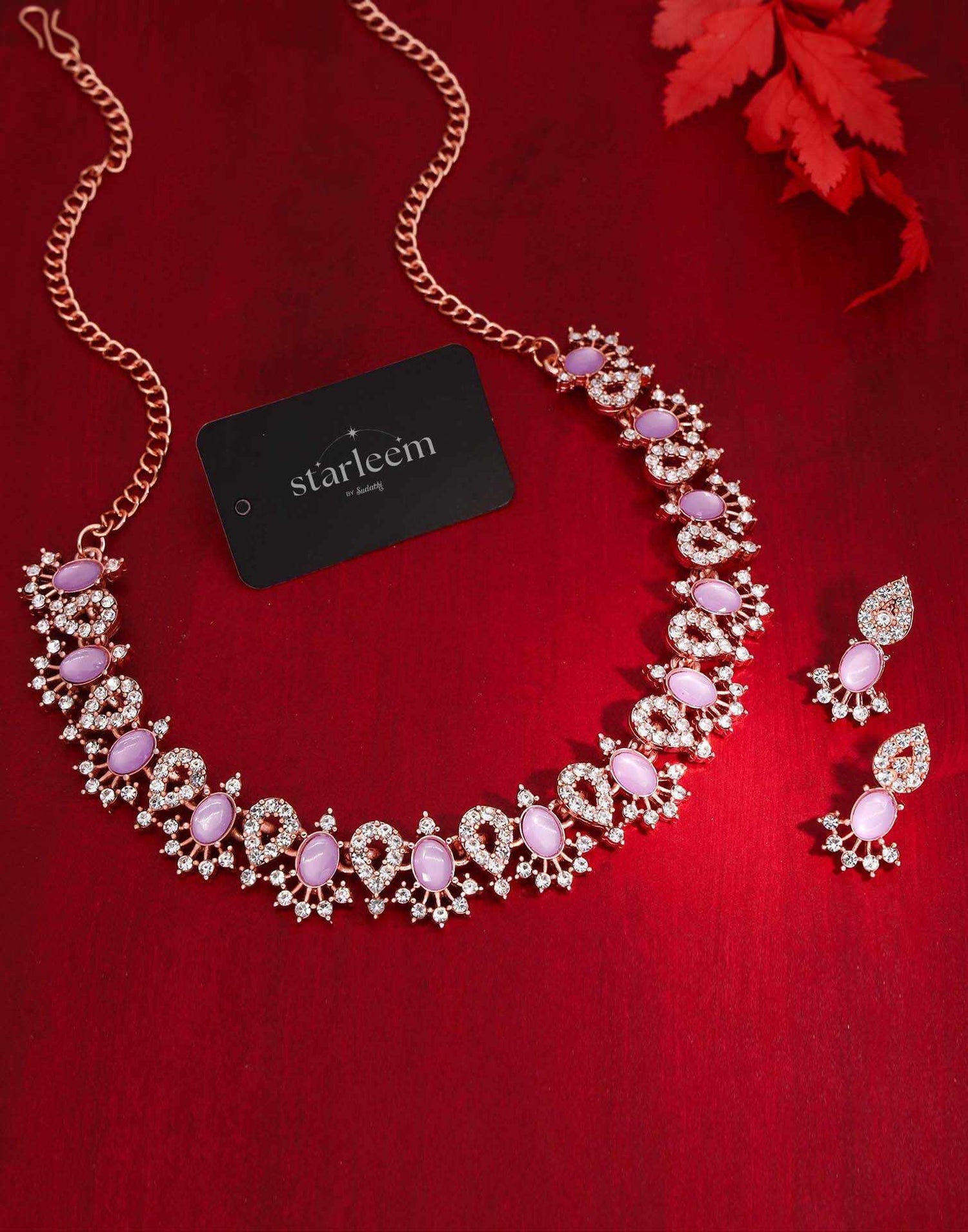 Purple Rose Gold Choker Necklace Set With Stud Earring