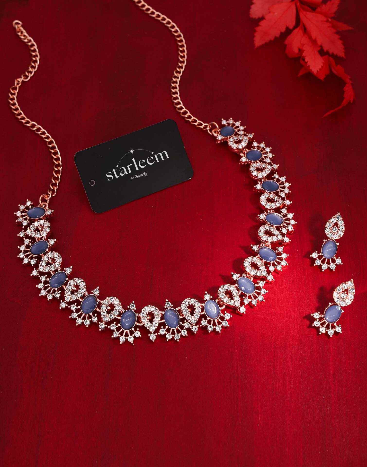 Blue Rose Gold Choker Necklace Set With Stud Earring