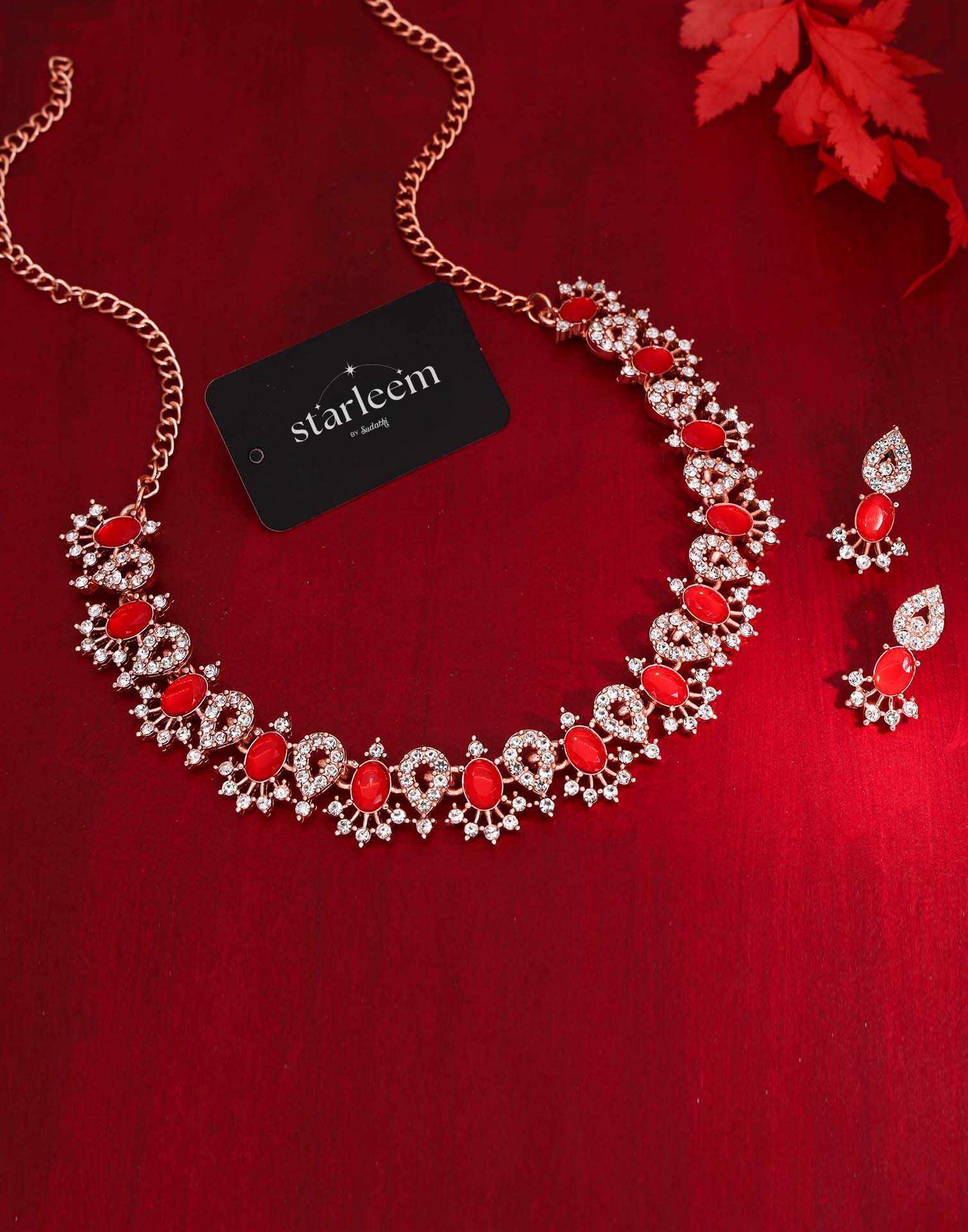 Red Rose Gold Choker Necklace Set With Stud Earring