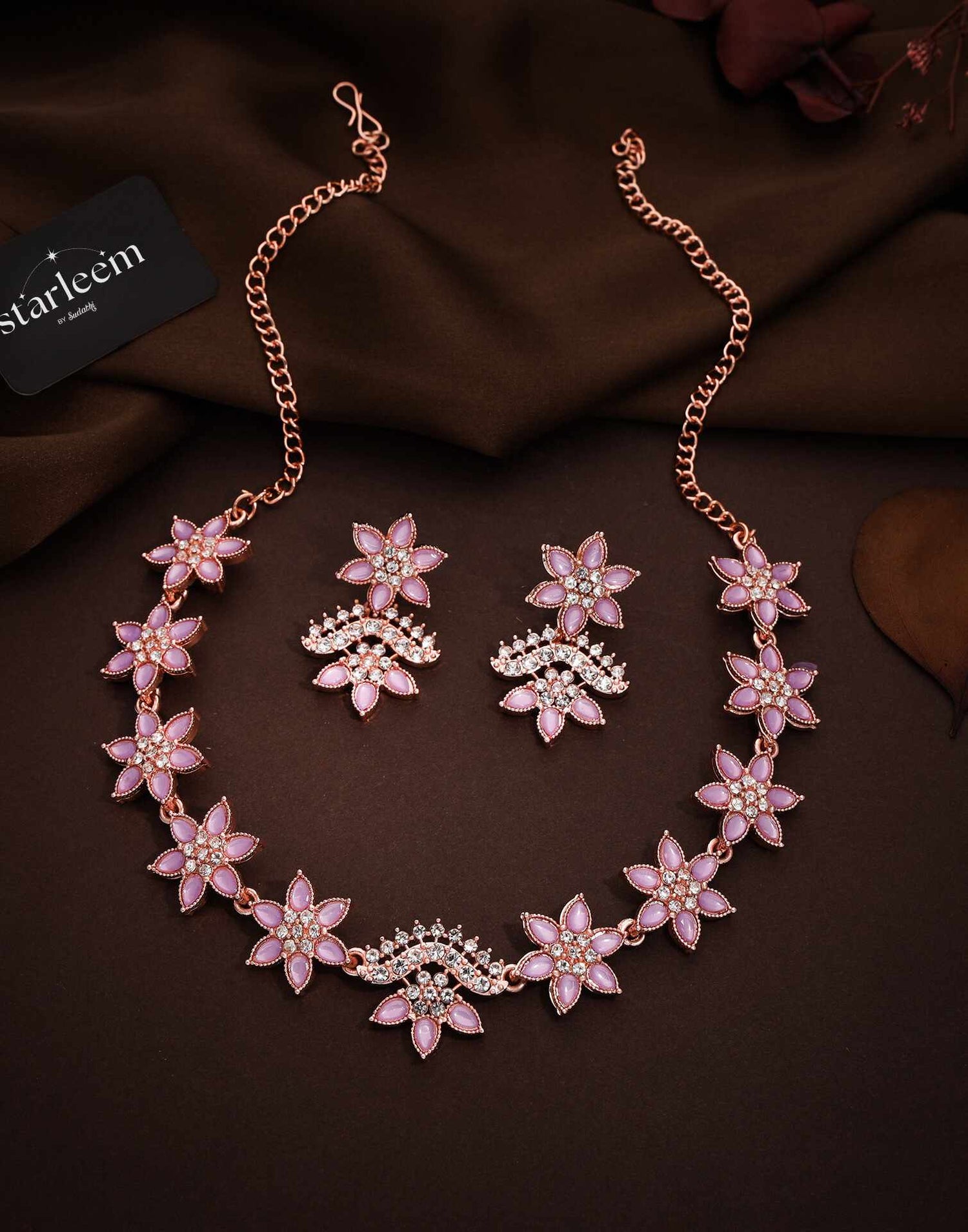 Purple Rose Gold Choker Necklace Set With Dangle Earring