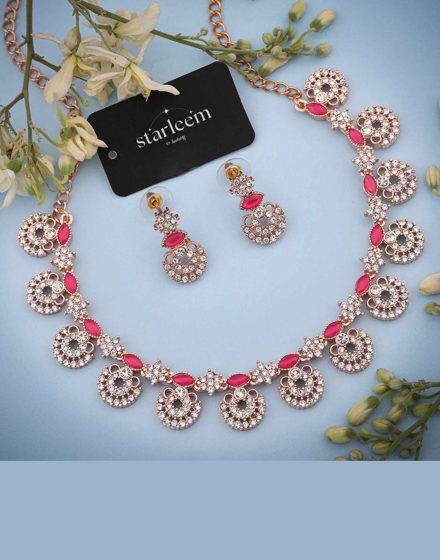 Pink Rose Gold Choker Necklace Set With Drop Earring