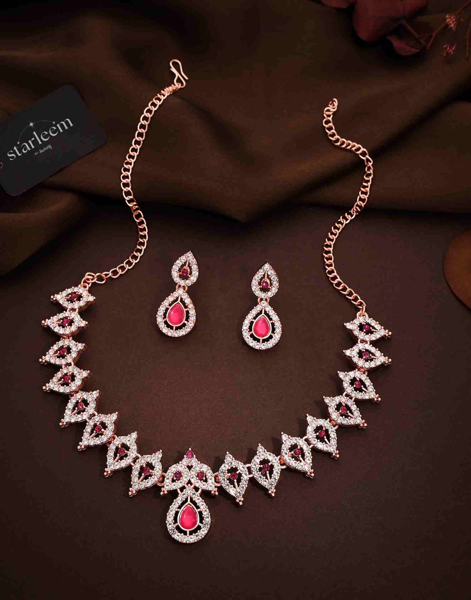 Pink Rose Gold Choker Necklace Set With Dangle Earring