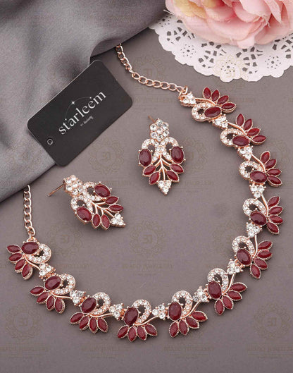 Maroon Rose Gold Choker Necklace Set With Dangle Earring