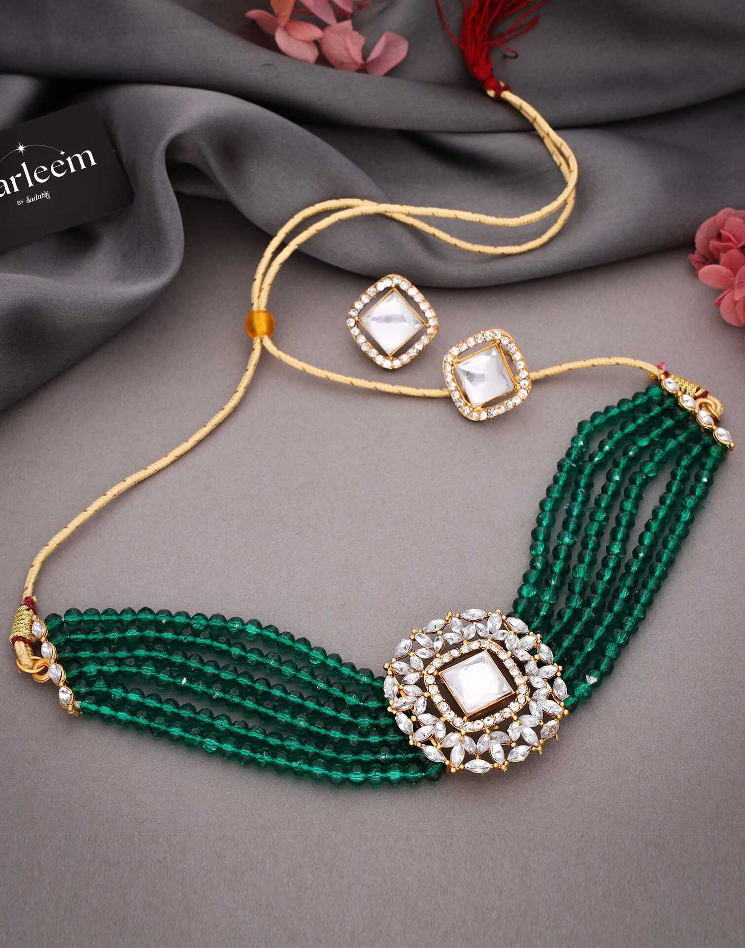 Green Gold Layered Necklace Necklace Set With Stud Earring