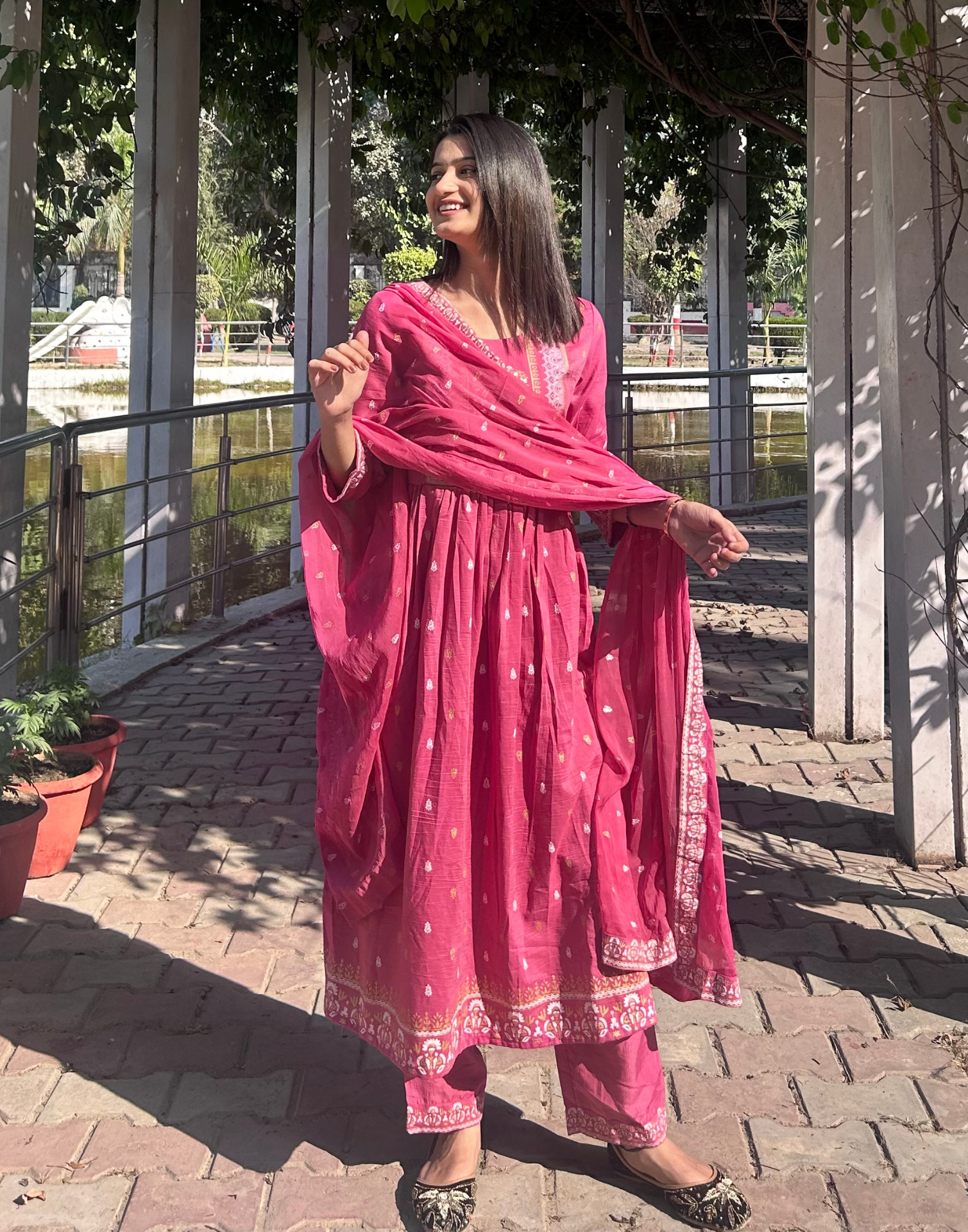 Dusty Pink Printed Chinnon A-Line Kurta Set With Dupatta