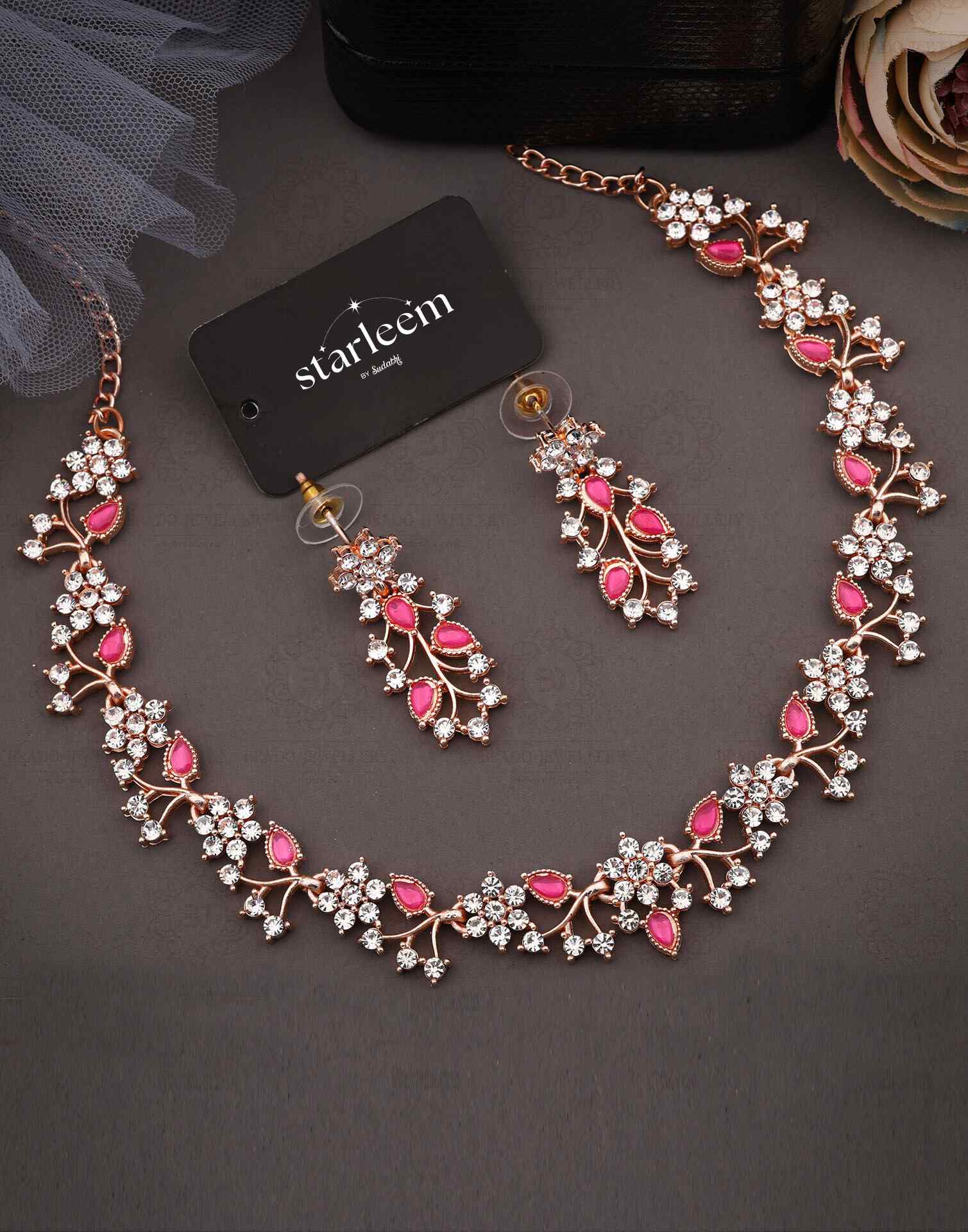 Pink Gold Choker Necklace Set With Dangle Earring