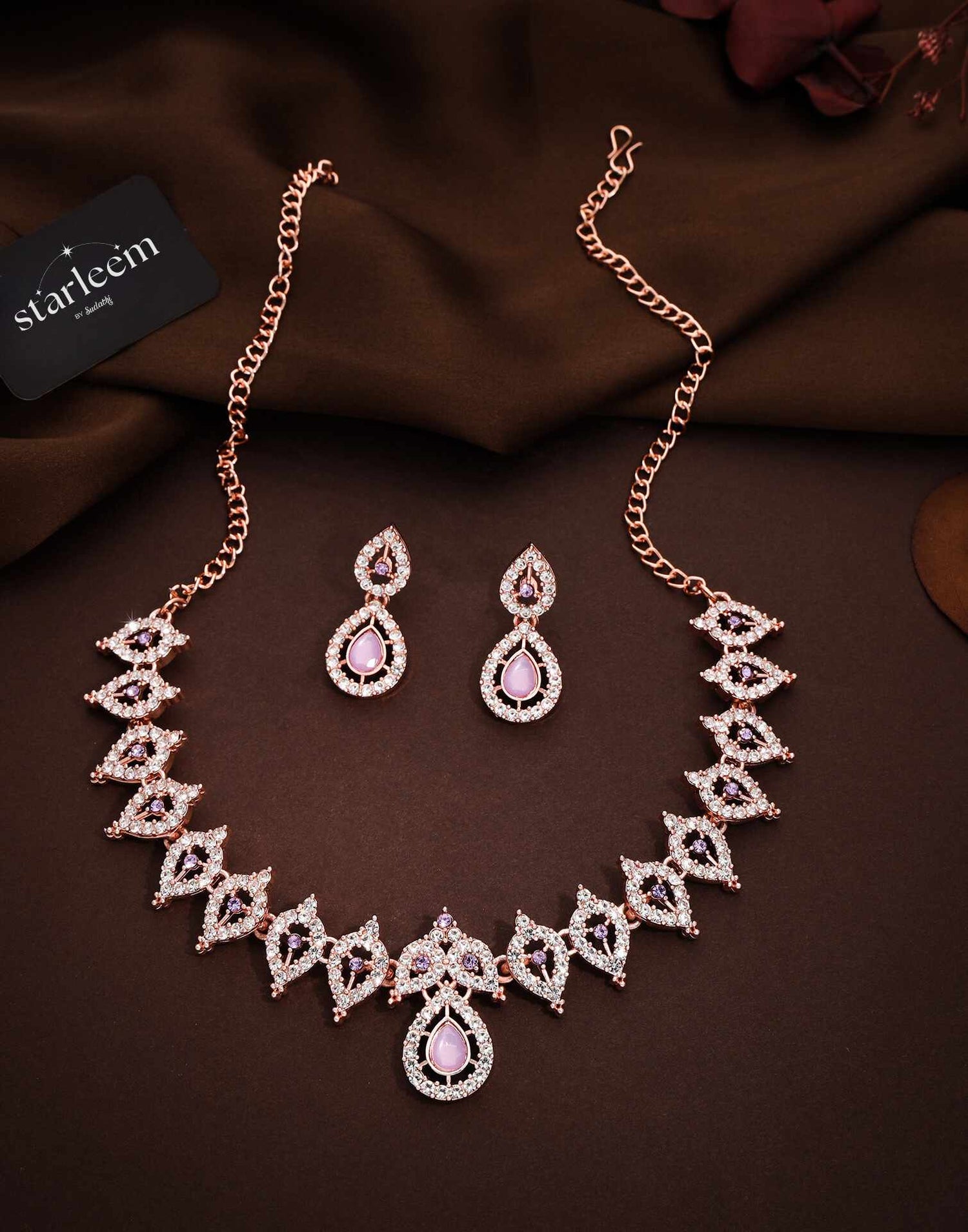 Purple Rose Gold Choker Necklace Set With Dangle Earring