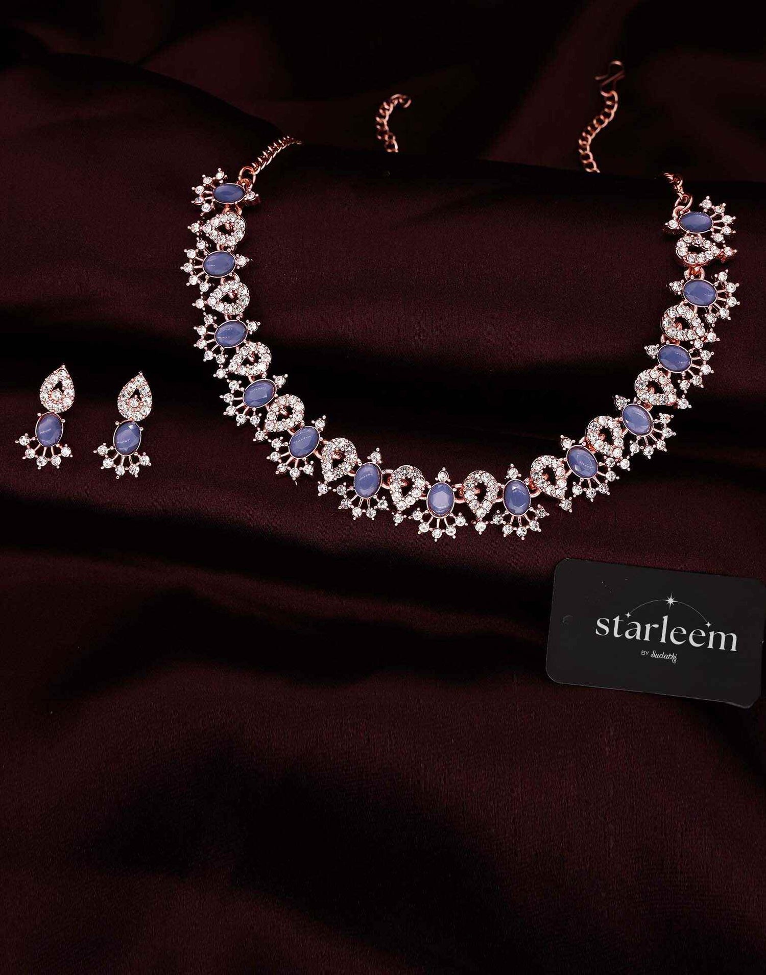 Blue Rose Gold Choker Necklace Set With Stud Earring